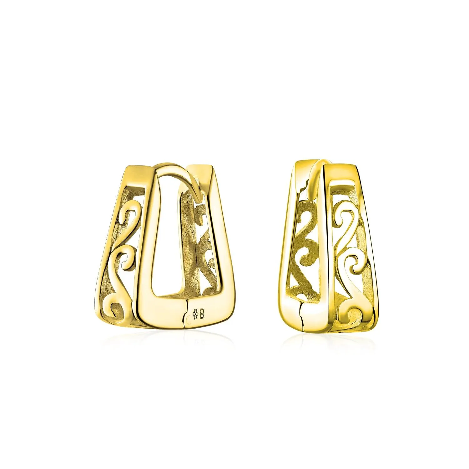 Square Pyramid Scroll Swirl Filigree Hoop Huggie Earrings Men 14K Gold Plated Silver