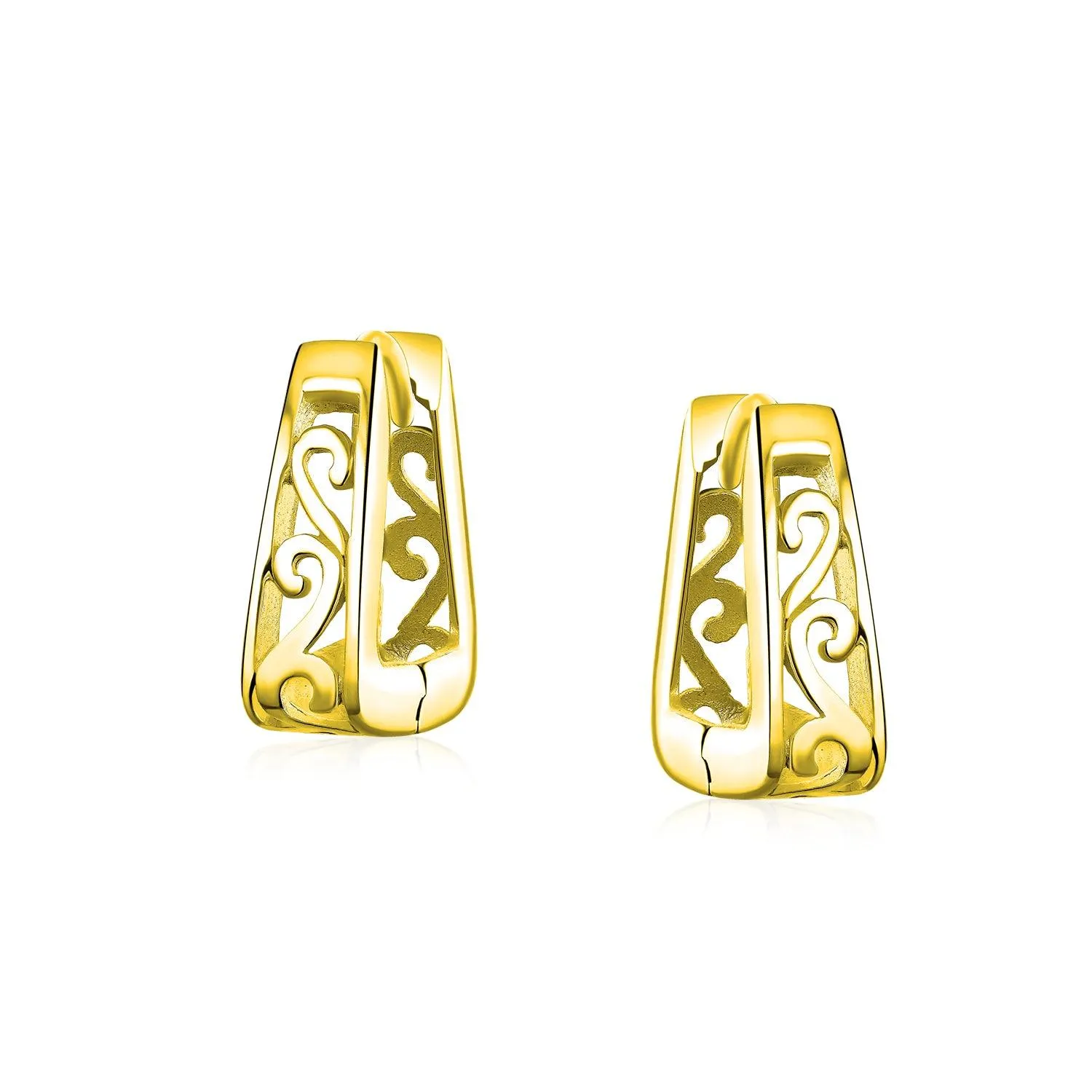 Square Pyramid Scroll Swirl Filigree Hoop Huggie Earrings Men 14K Gold Plated Silver