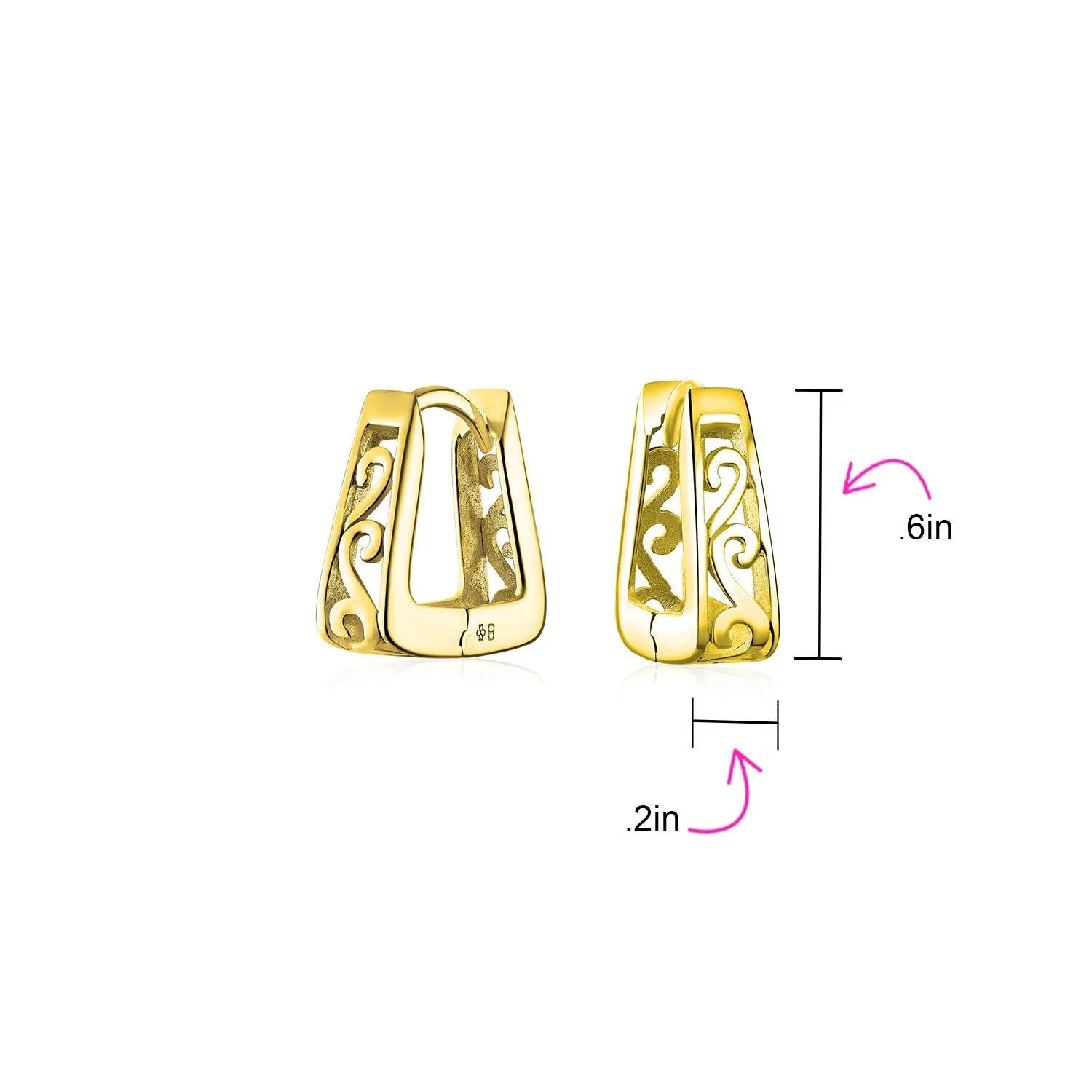 Square Pyramid Scroll Swirl Filigree Hoop Huggie Earrings Men 14K Gold Plated Silver