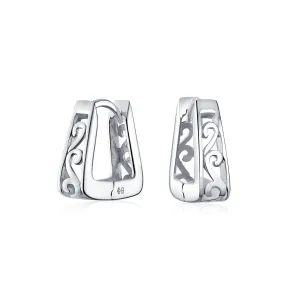 Square Pyramid Scroll Swirl Filigree Hoop Huggie Earrings Men 14K Gold Plated Silver