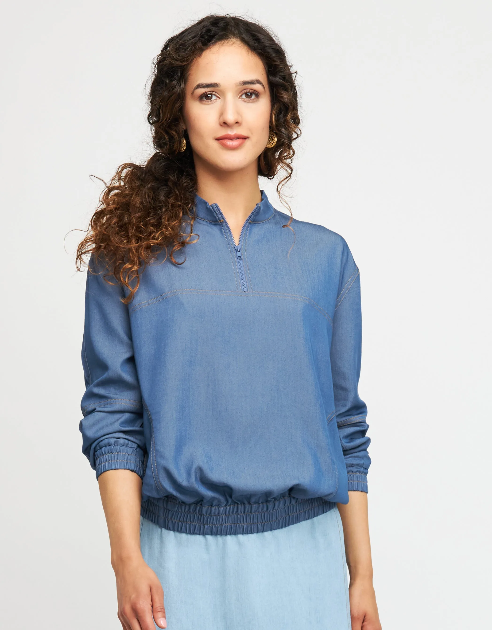 Stitched Half Zip Blouson Top Medium Blue Denim