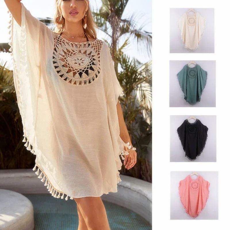 Summer Women Bikini Crochet Tunics Fringe Robe Cover-ups