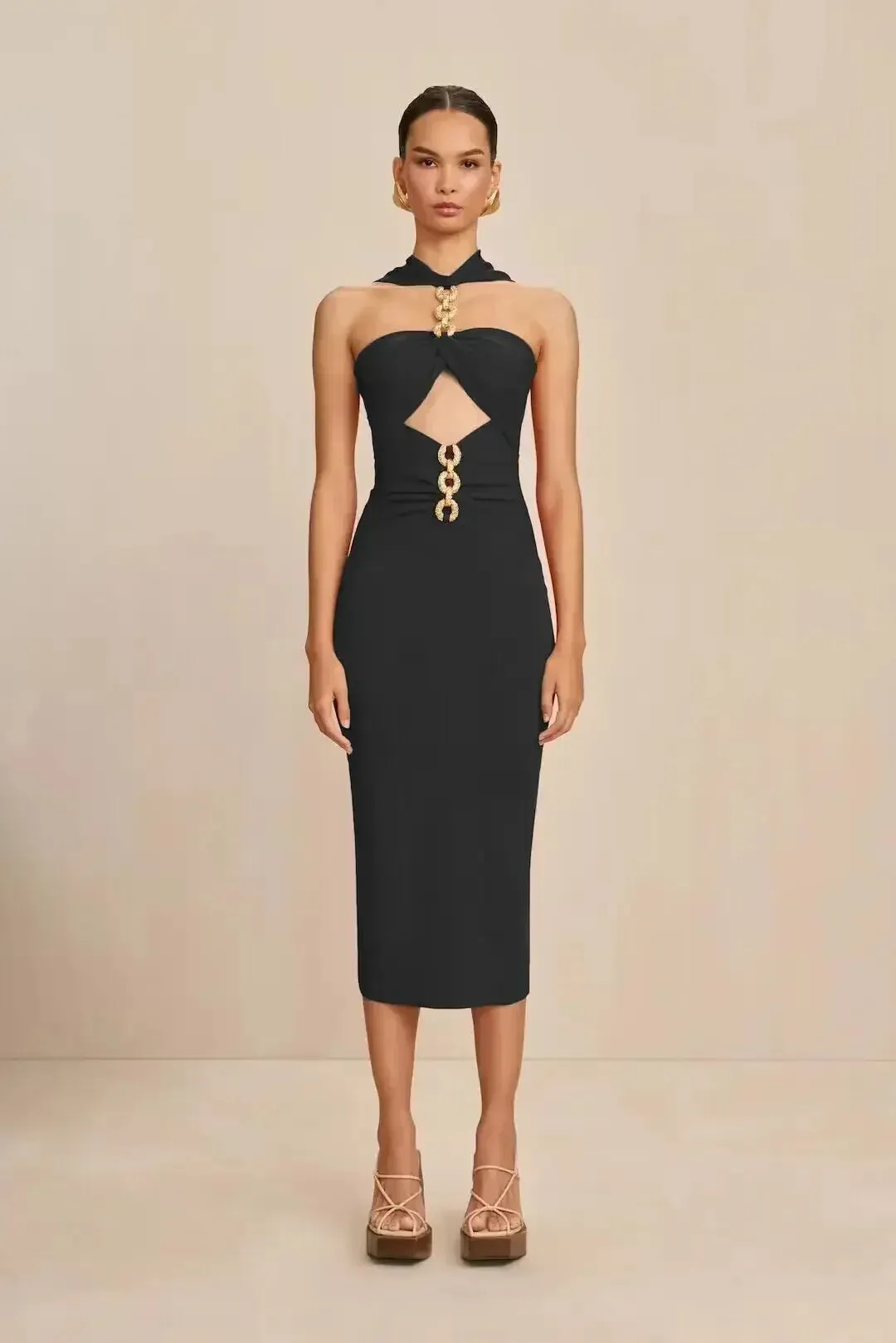 Sweetheart Neck Midi Dress with Chain Detailing