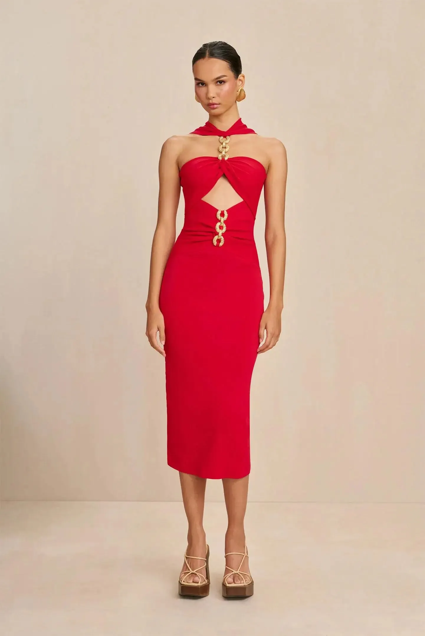 Sweetheart Neck Midi Dress with Chain Detailing