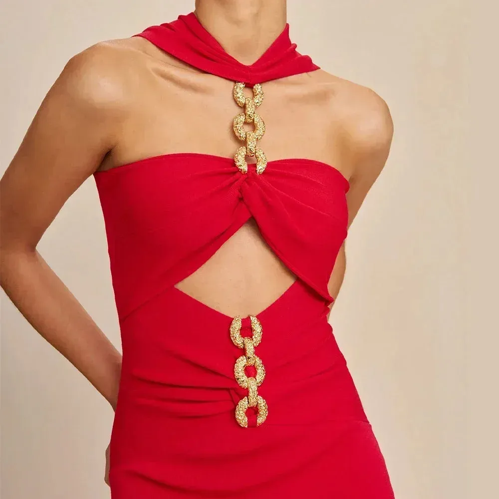 Sweetheart Neck Midi Dress with Chain Detailing