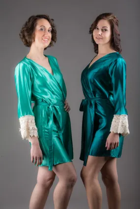 Teal Satin Robe with Ivory Lace Accented Cuffs