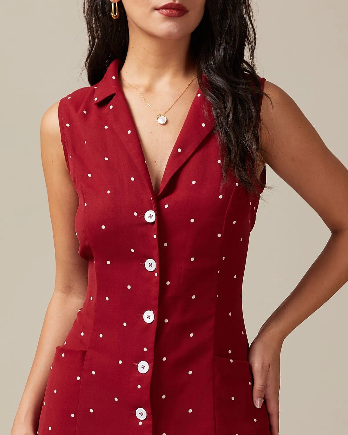 The Red V Neck Polka Dot Tie Back Midi Dress