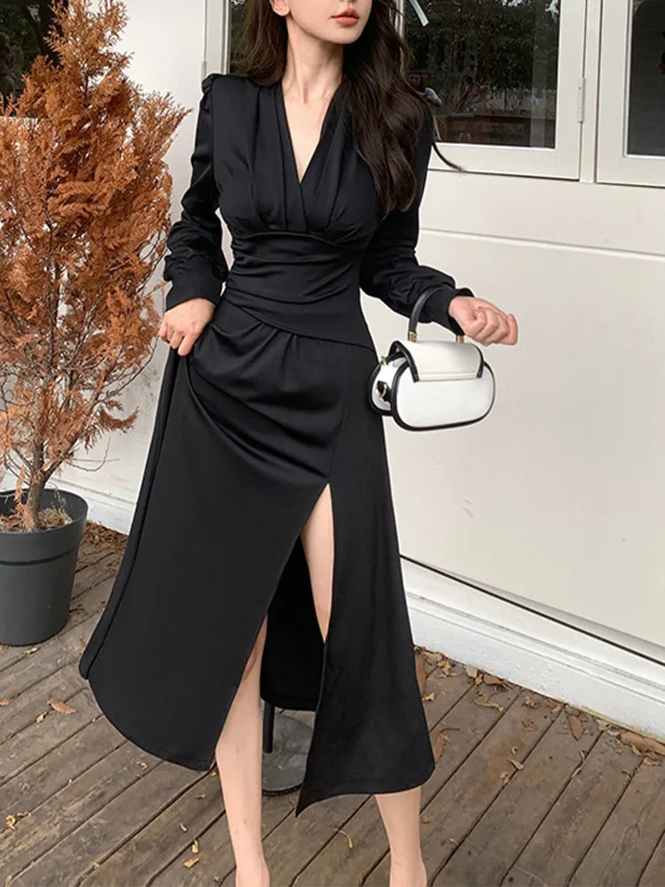 V-Neck Pleated Waist Slit Midi Dress