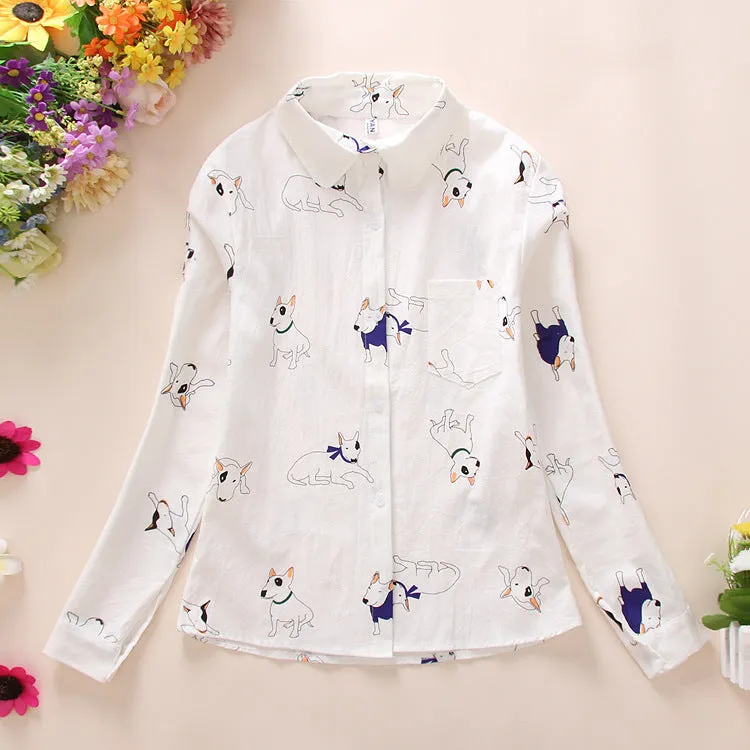 VenusFox Women Cotton Long Sleeve Cartoon Print White Blouses Shirts