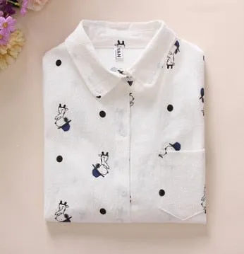 VenusFox Women Cotton Long Sleeve Cartoon Print White Blouses Shirts