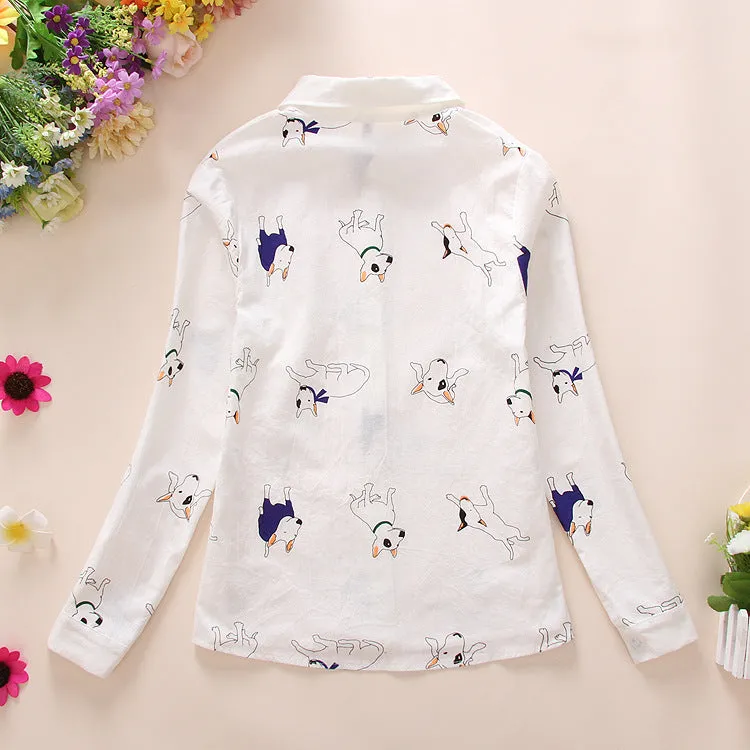 VenusFox Women Cotton Long Sleeve Cartoon Print White Blouses Shirts