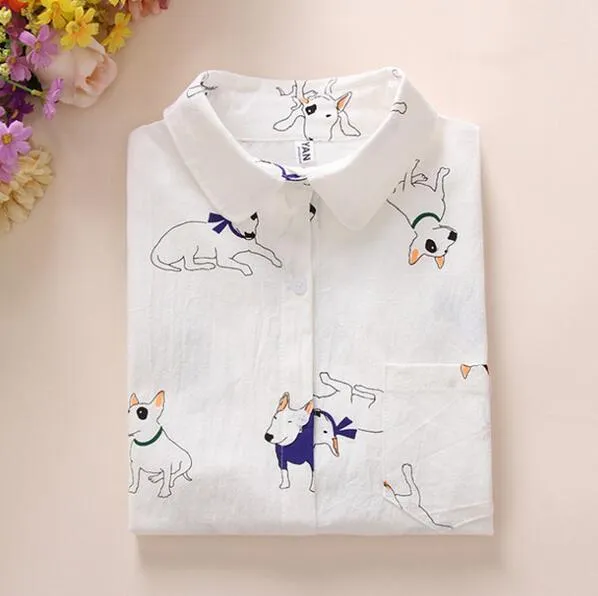 VenusFox Women Cotton Long Sleeve Cartoon Print White Blouses Shirts