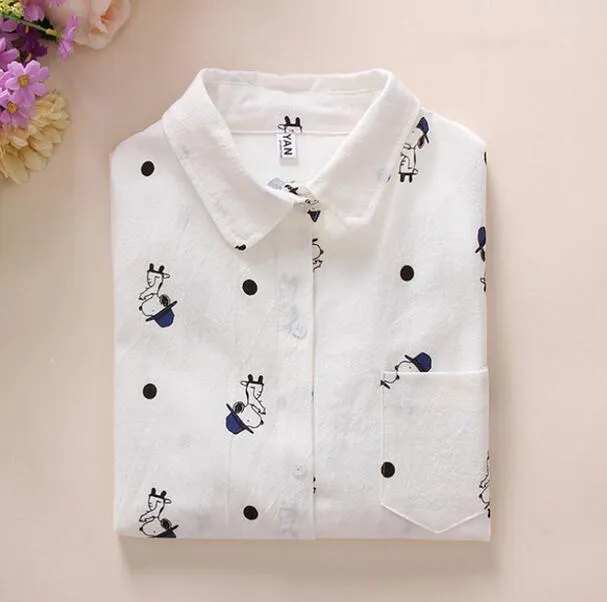 VenusFox Women Cotton Long Sleeve Cartoon Print White Blouses Shirts