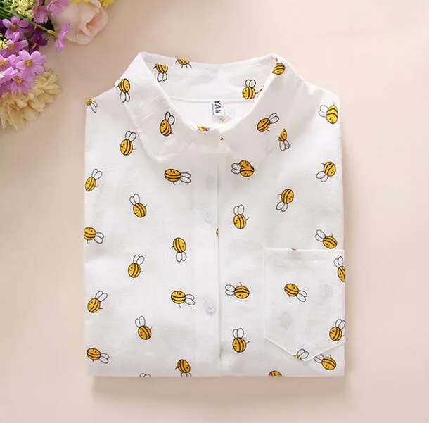 VenusFox Women Cotton Long Sleeve Cartoon Print White Blouses Shirts