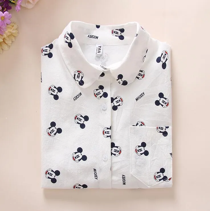 VenusFox Women Cotton Long Sleeve Cartoon Print White Blouses Shirts