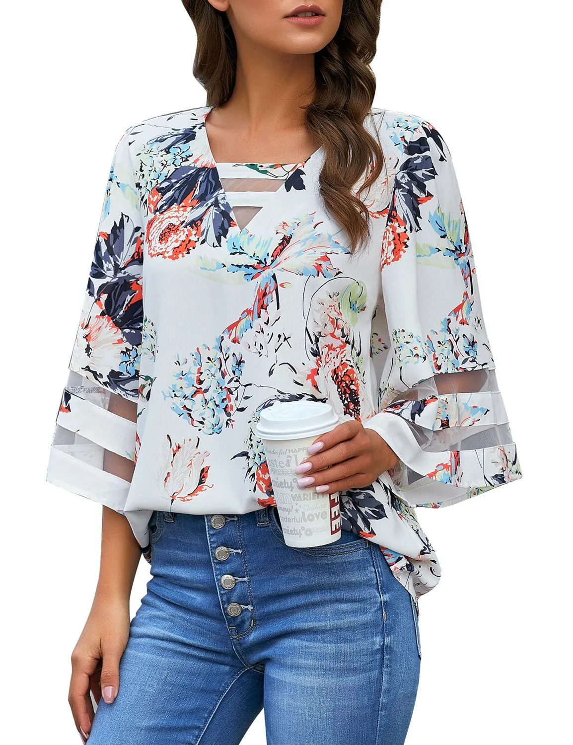 Vetinee Women's Floral Print Tops 3/4 Flowy Sleeve Blouses Strappy V Neck Mesh Patchwork Shirts