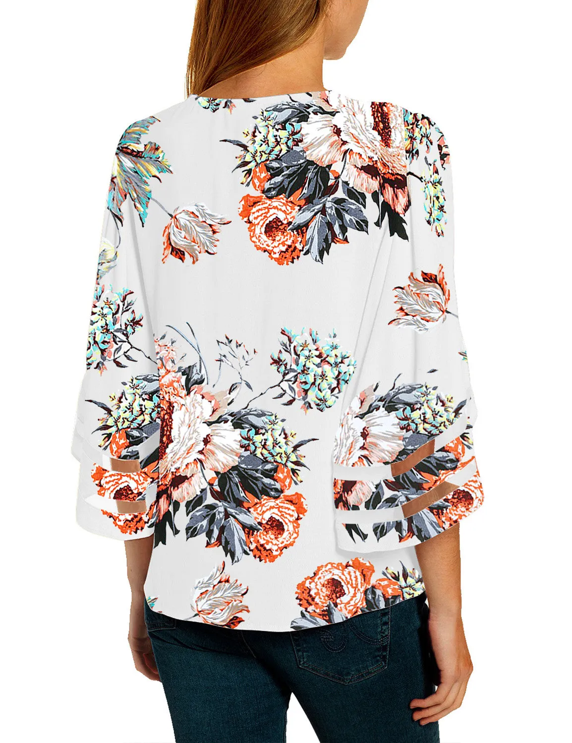 Vetinee Women's Floral Print Tops 3/4 Flowy Sleeve Blouses Strappy V Neck Mesh Patchwork Shirts