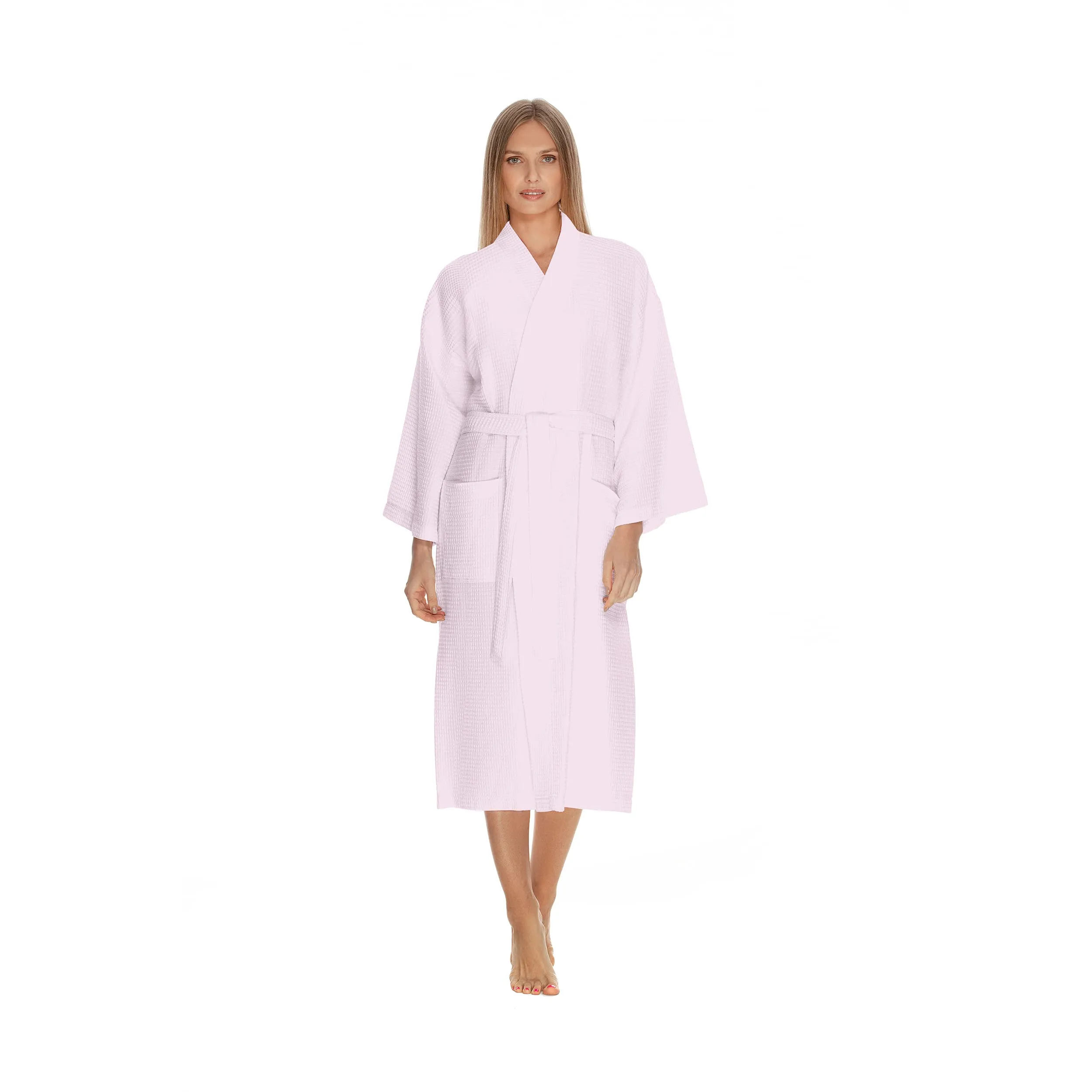 Waffle Robe for Women by BOCA TERRY, Waffle Knit Robe, Long Cotton Kimono Hotel Bathrobe, Pink Small/Medium