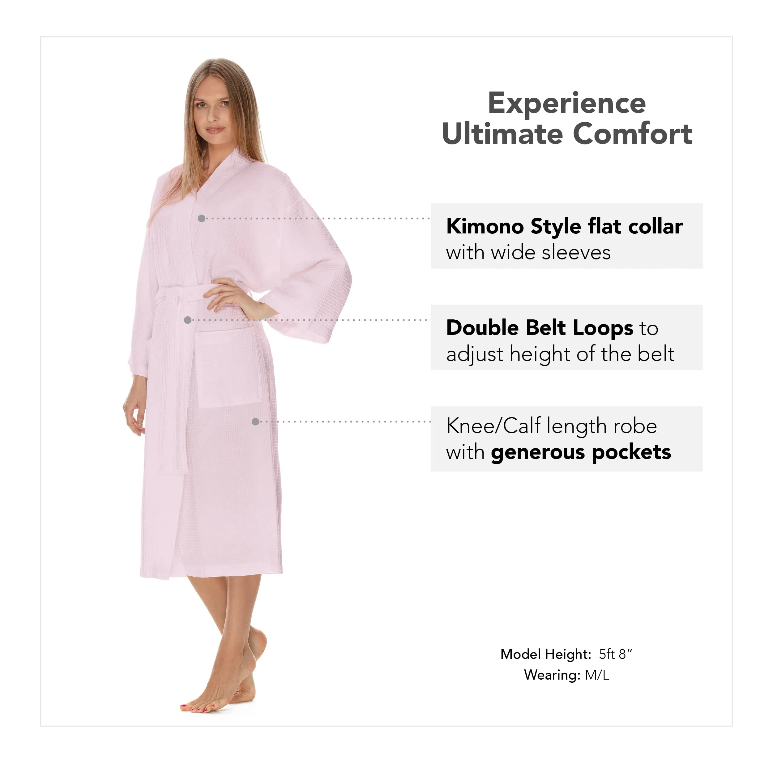 Waffle Robe for Women by BOCA TERRY, Waffle Knit Robe, Long Cotton Kimono Hotel Bathrobe, Pink Small/Medium