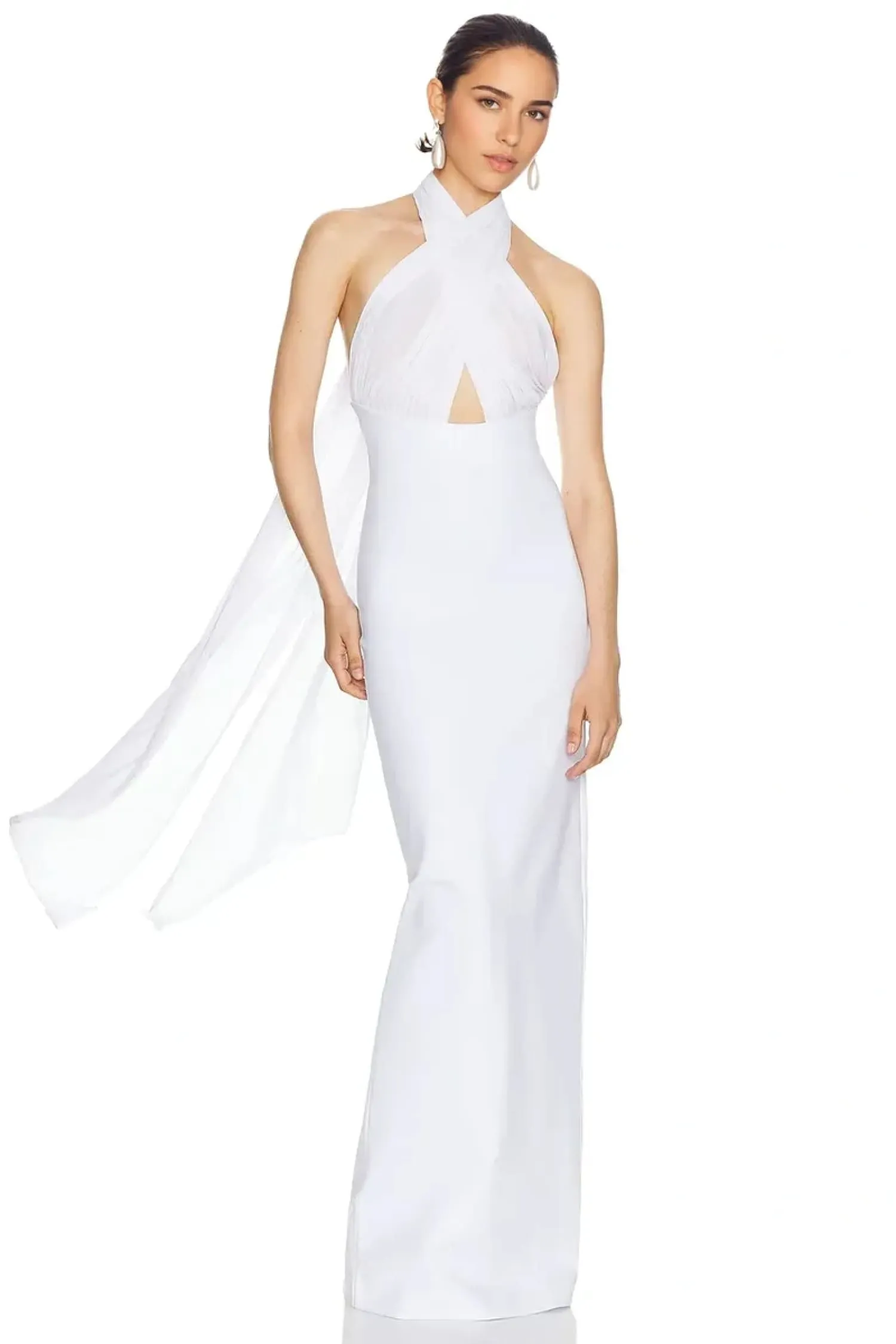 White Backless Plunge Backless Maxi Dress