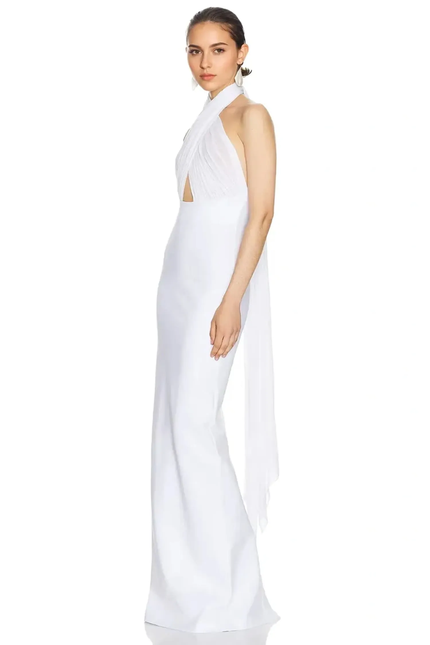 White Backless Plunge Backless Maxi Dress