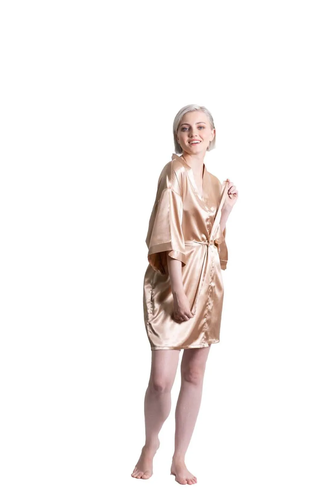 Woman’s Satin Kimono Short Robe, Luxury & Lightweight, Comfortable Robe, (Taupe)