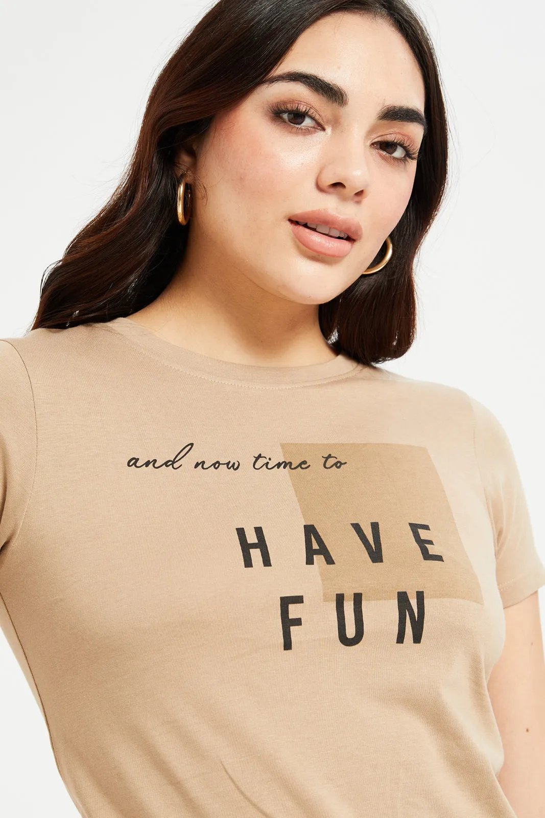 Women Beige Have Fun Printed T-Shirt