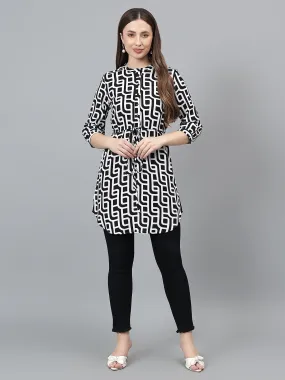 Women Black Printed Band Collar Casual Tunic