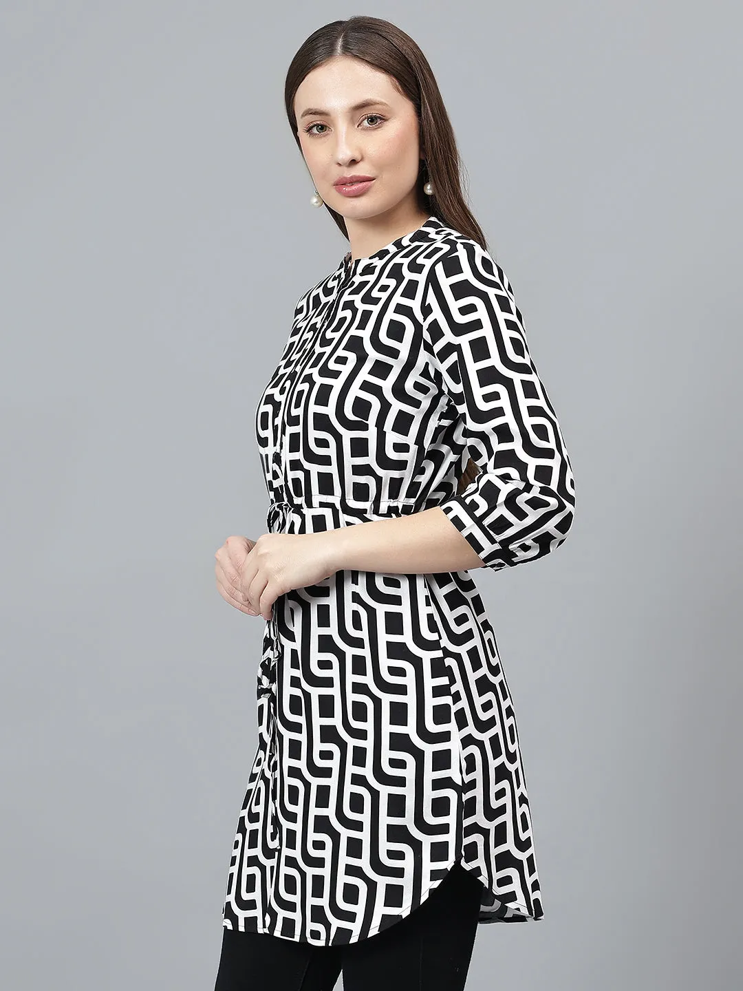 Women Black Printed Band Collar Casual Tunic