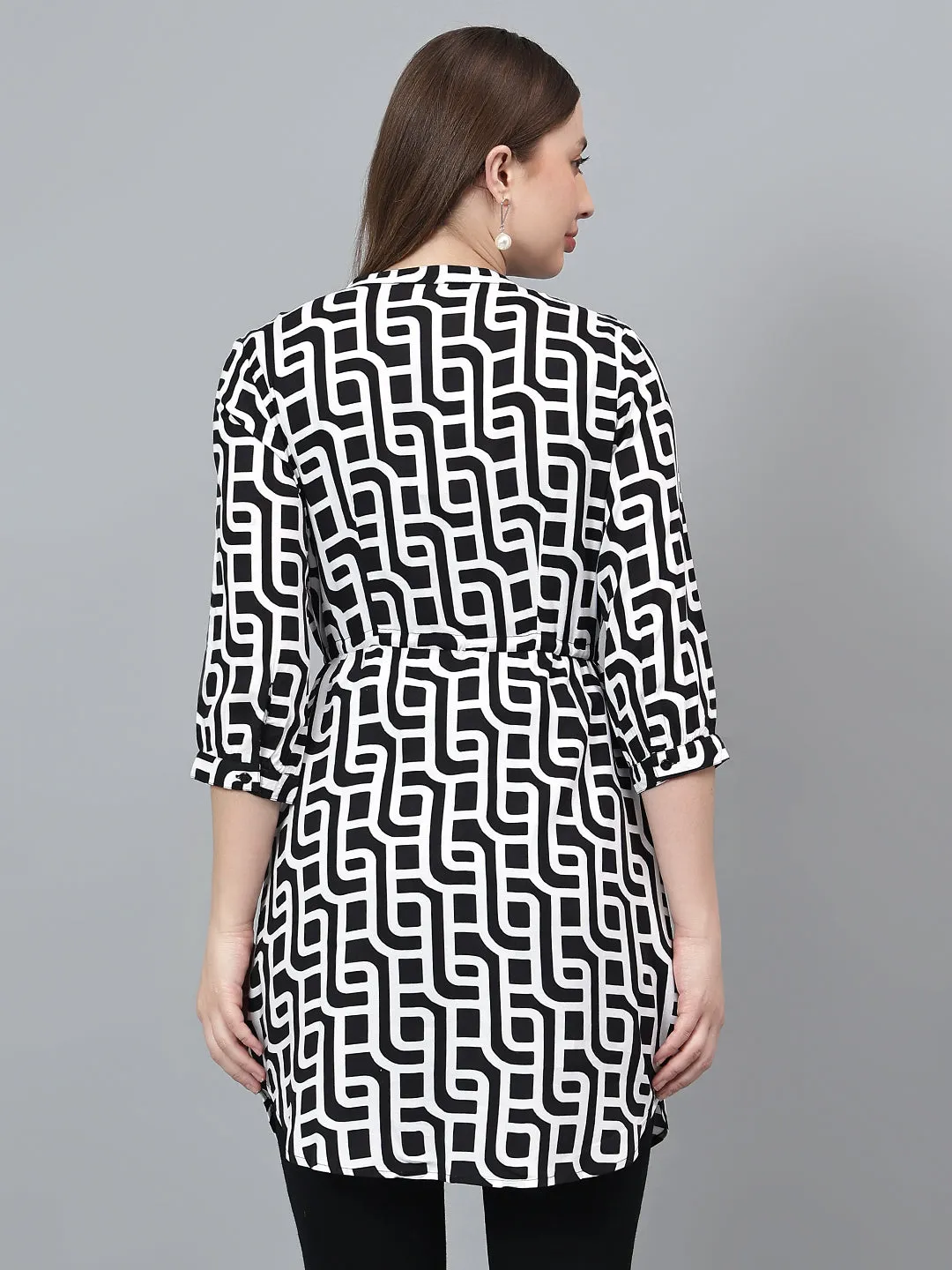 Women Black Printed Band Collar Casual Tunic