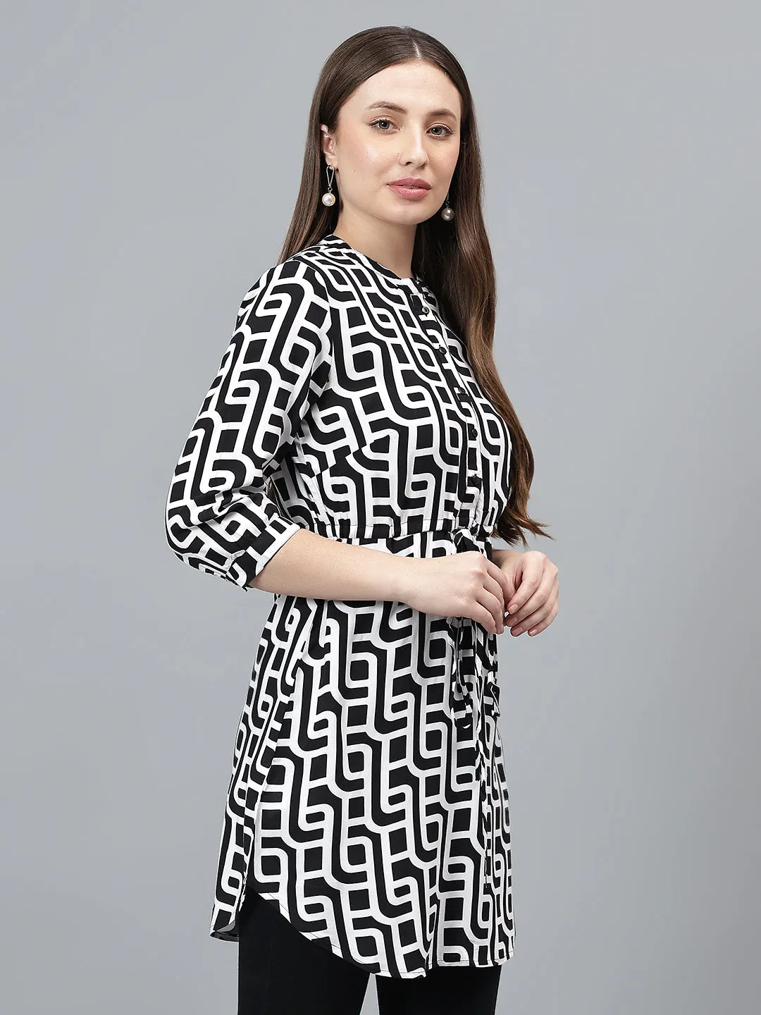 Women Black Printed Band Collar Casual Tunic