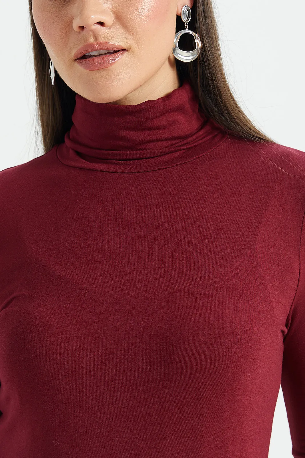 Women Burgundy Long Sleeve T-Shirt