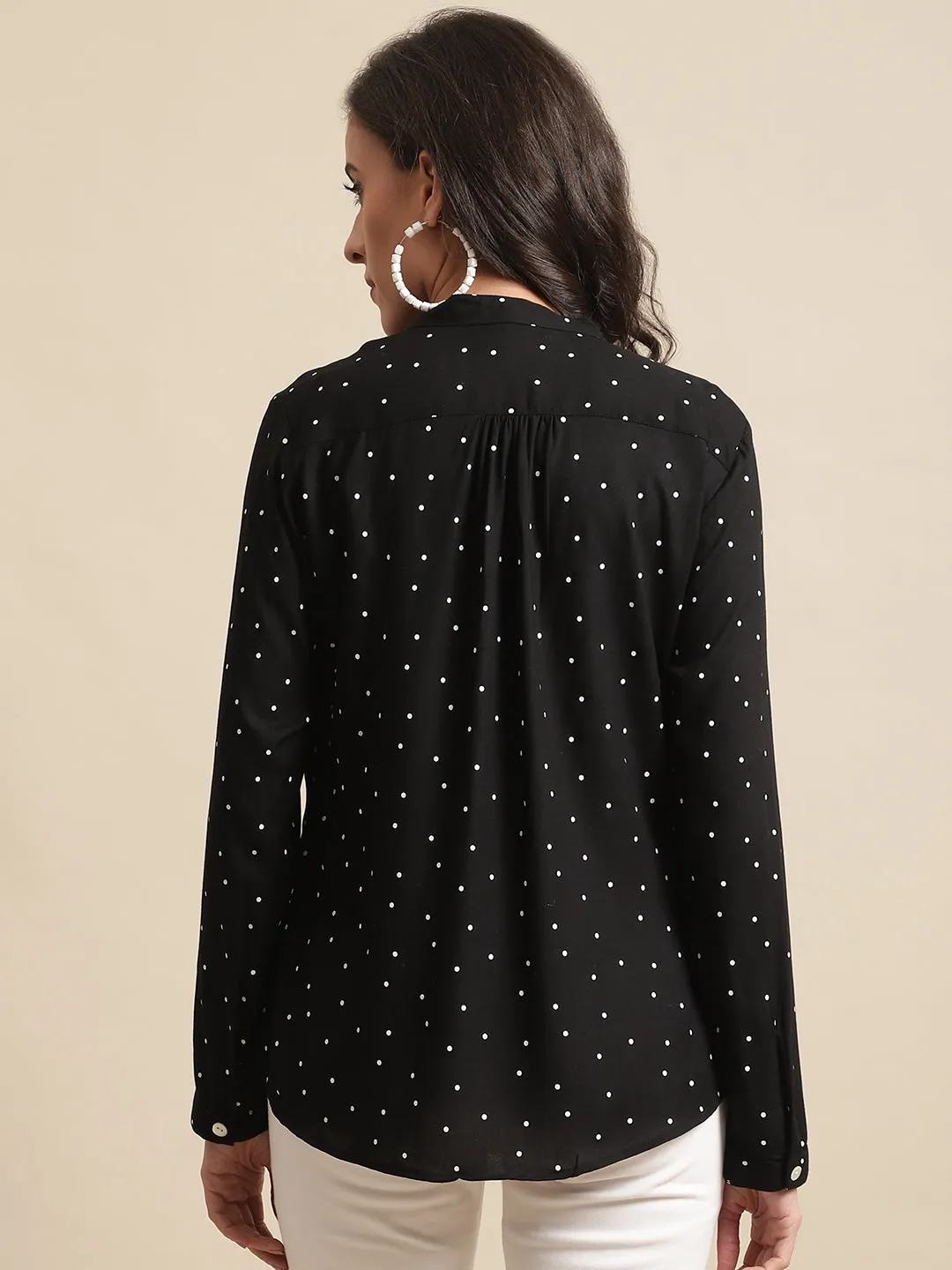 Women's Casual  Black Polka dot Print Mandarin Collar Top