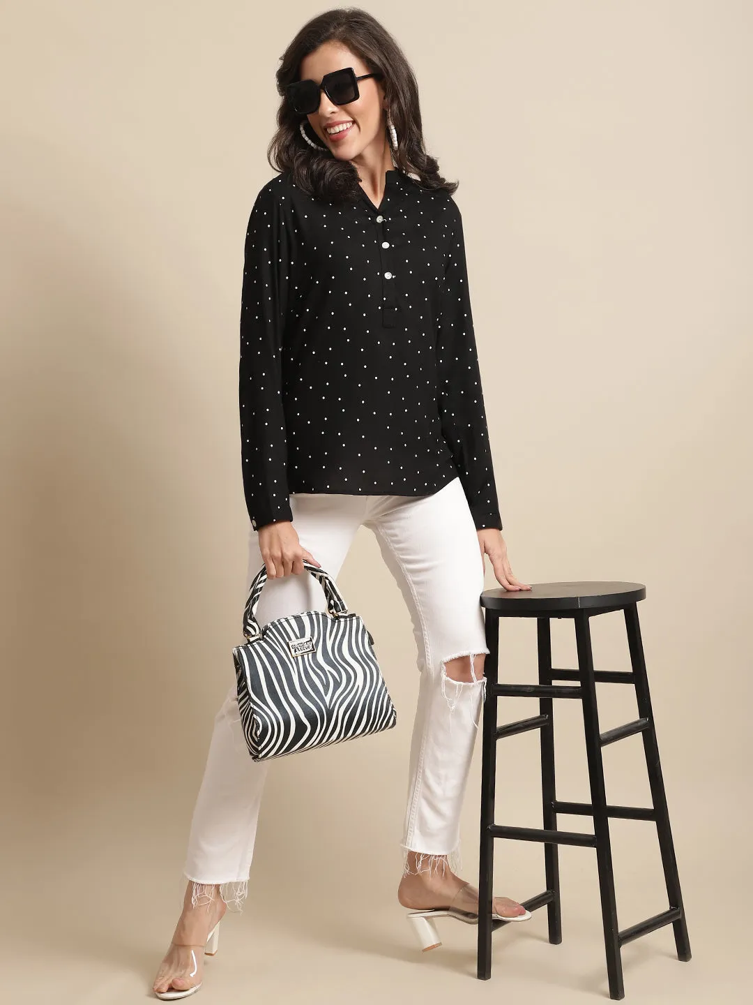 Women's Casual  Black Polka dot Print Mandarin Collar Top