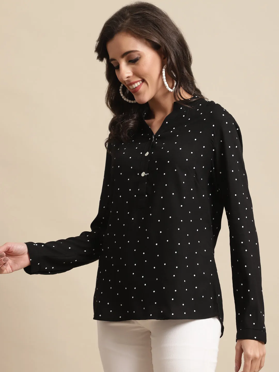 Women's Casual  Black Polka dot Print Mandarin Collar Top