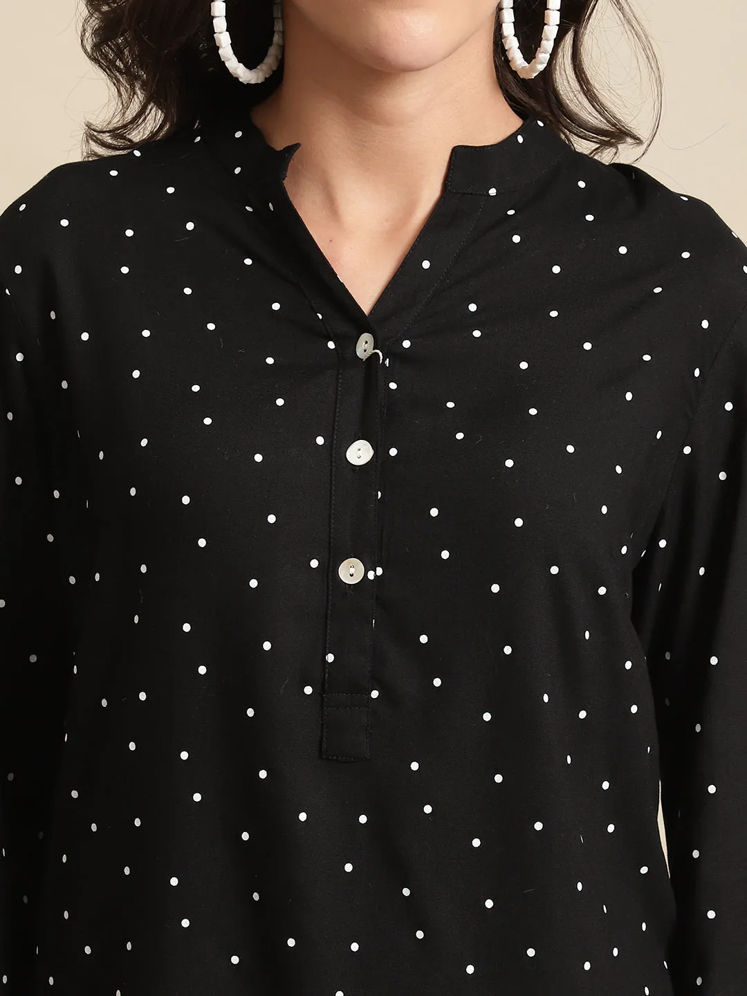 Women's Casual  Black Polka dot Print Mandarin Collar Top