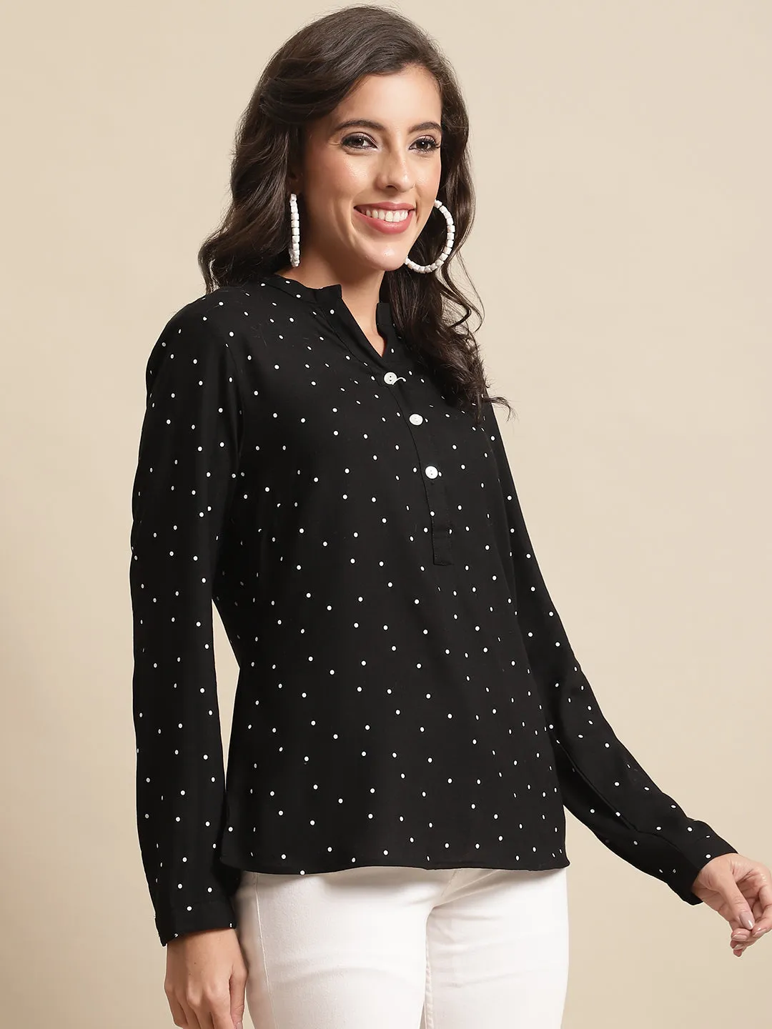 Women's Casual  Black Polka dot Print Mandarin Collar Top