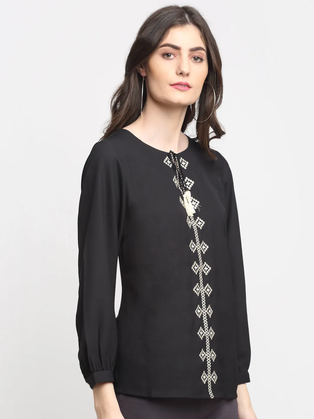 Women's Casual  Black Solid Round neck with Tie up Tunic