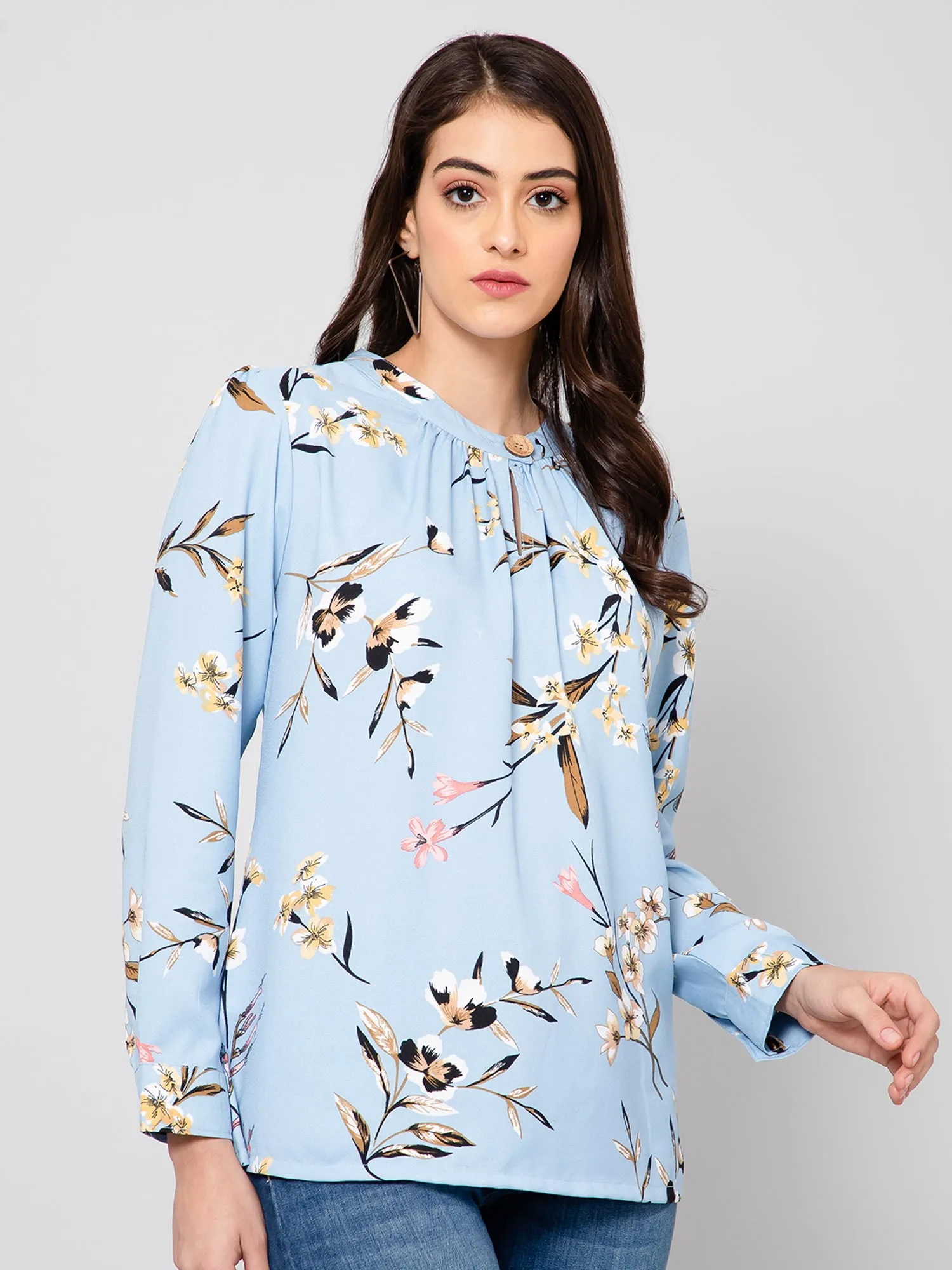 Women's Casual  Blue Floral Print Band Collar Top