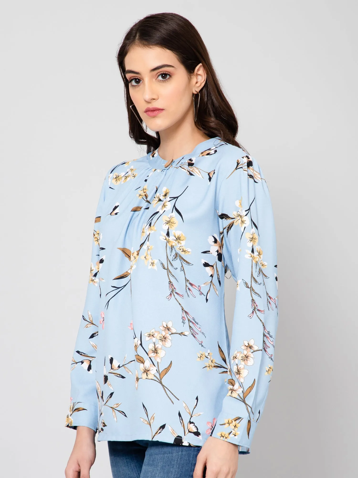 Women's Casual  Blue Floral Print Band Collar Top