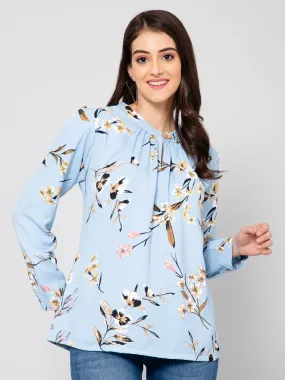 Women's Casual  Blue Floral Print Band Collar Top