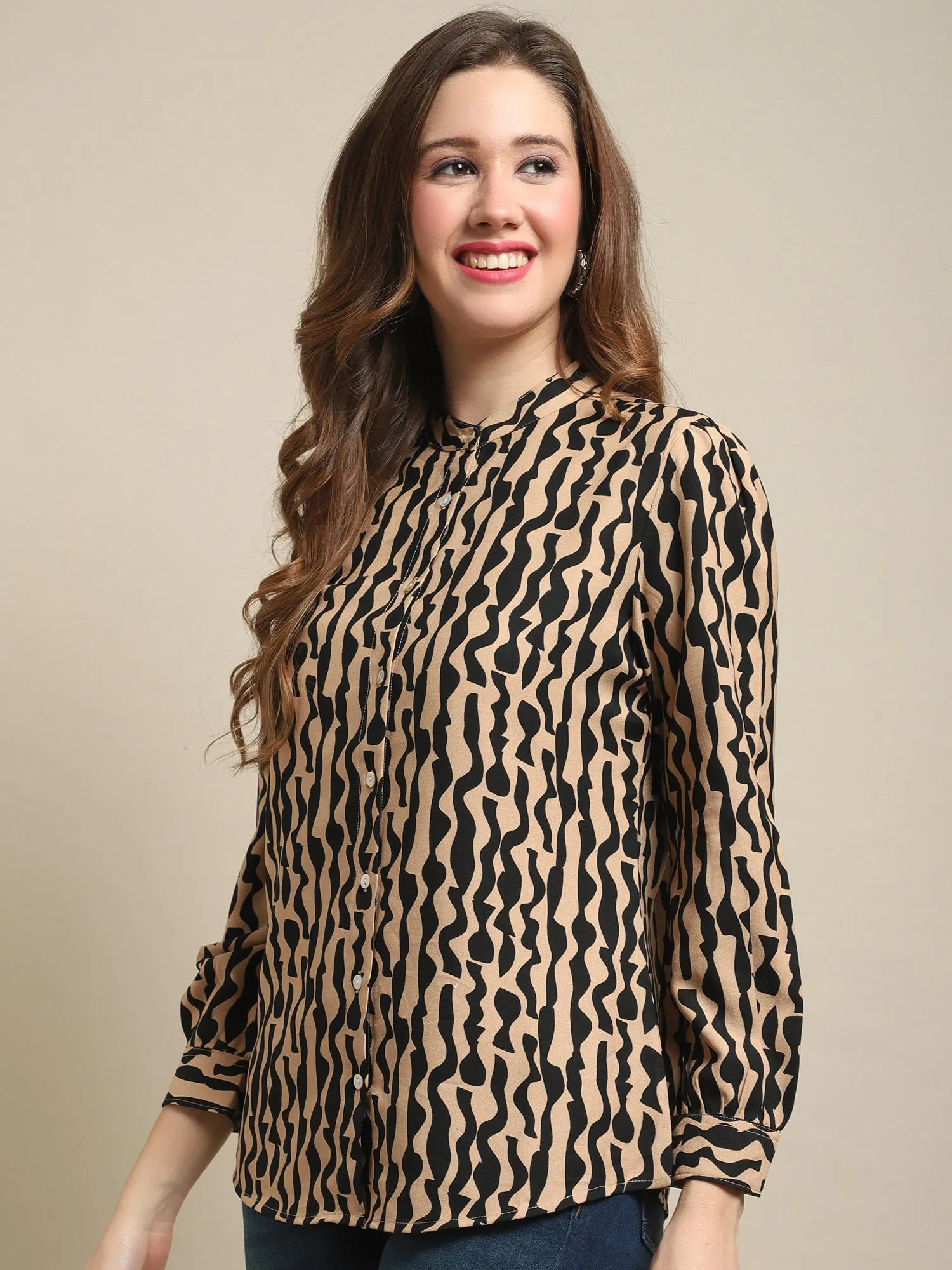 Women's Casual  Brown Abstract Print Mandarin Collar Tunic