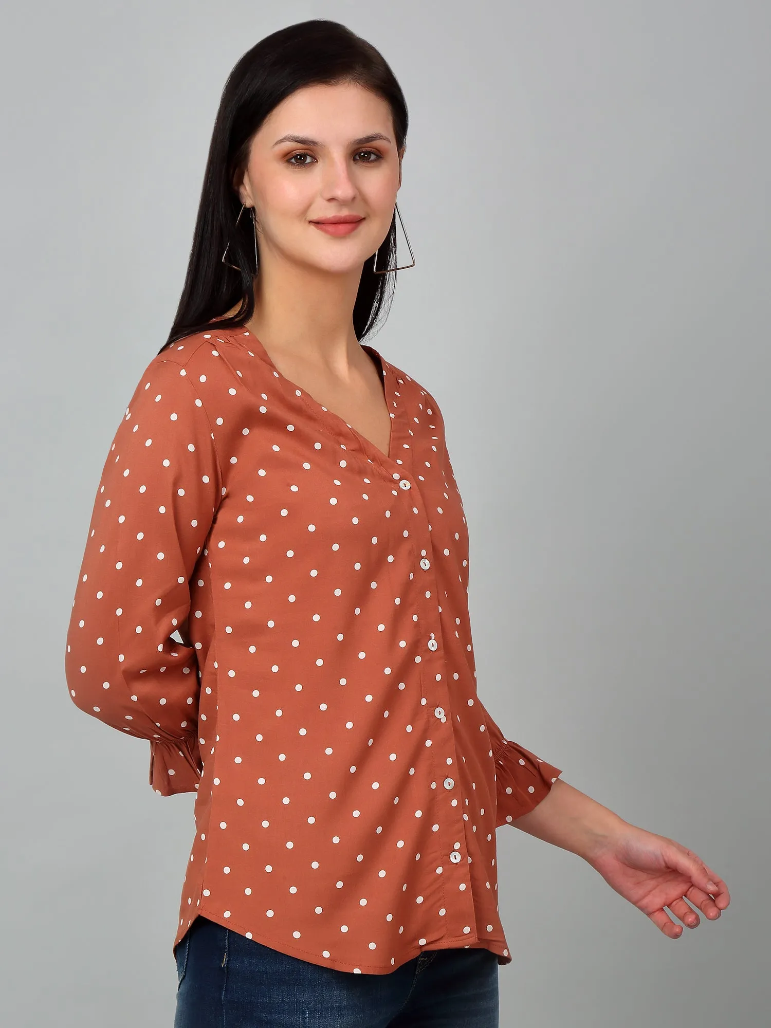 Women's Casual  Brown Polka dot Print V neck Top