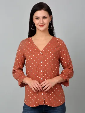 Women's Casual  Brown Polka dot Print V neck Top