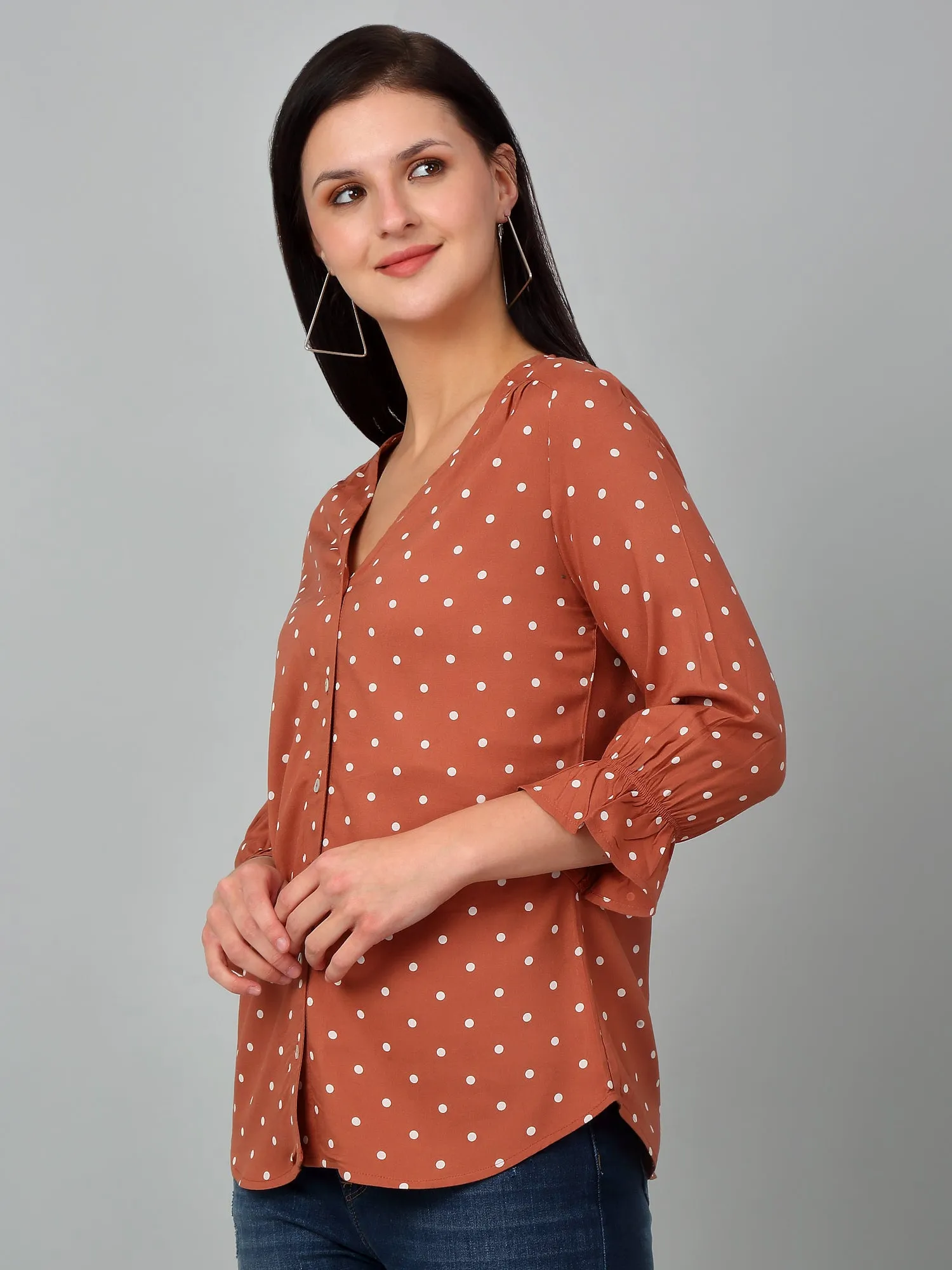 Women's Casual  Brown Polka dot Print V neck Top