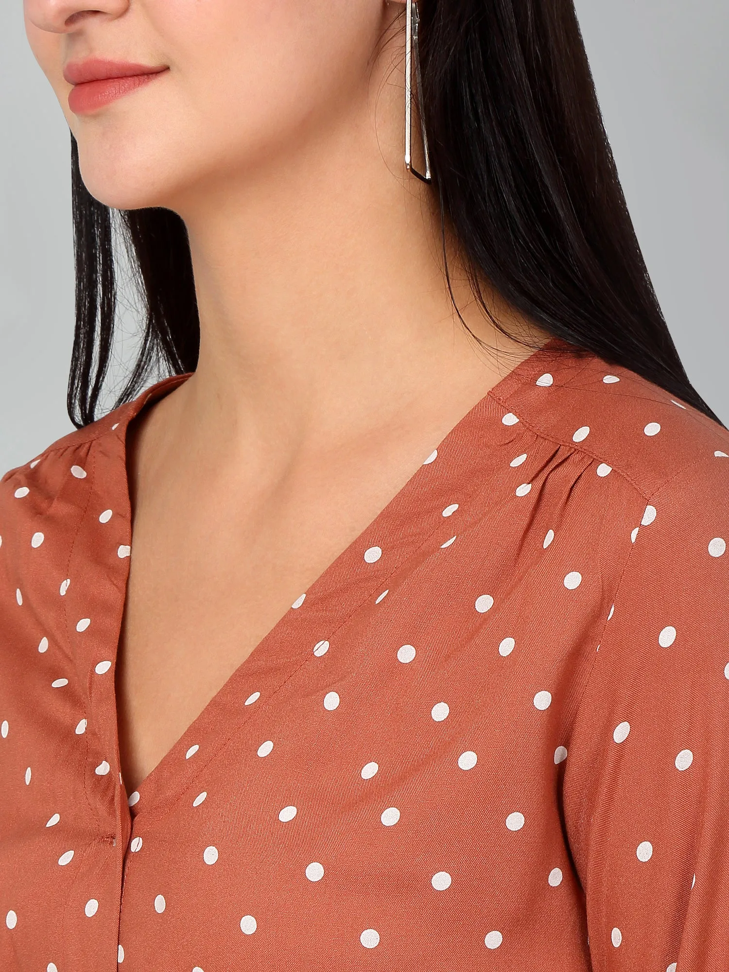 Women's Casual  Brown Polka dot Print V neck Top