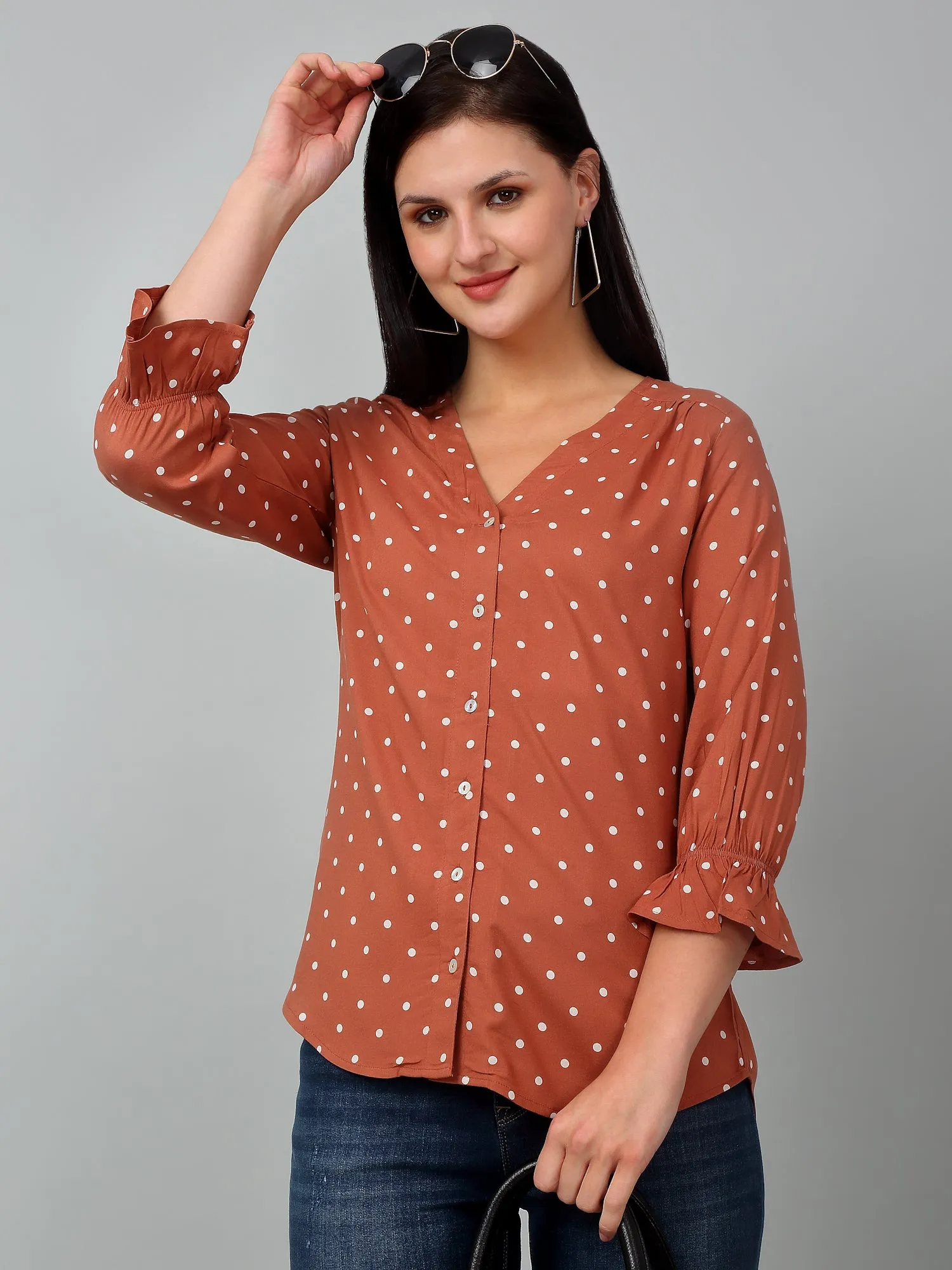 Women's Casual  Brown Polka dot Print V neck Top