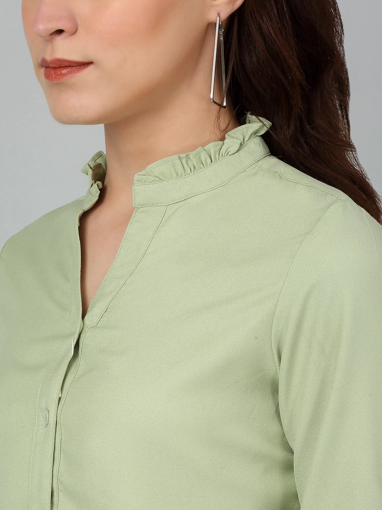 Women's Casual  Green Solid Mandarin Collar Top