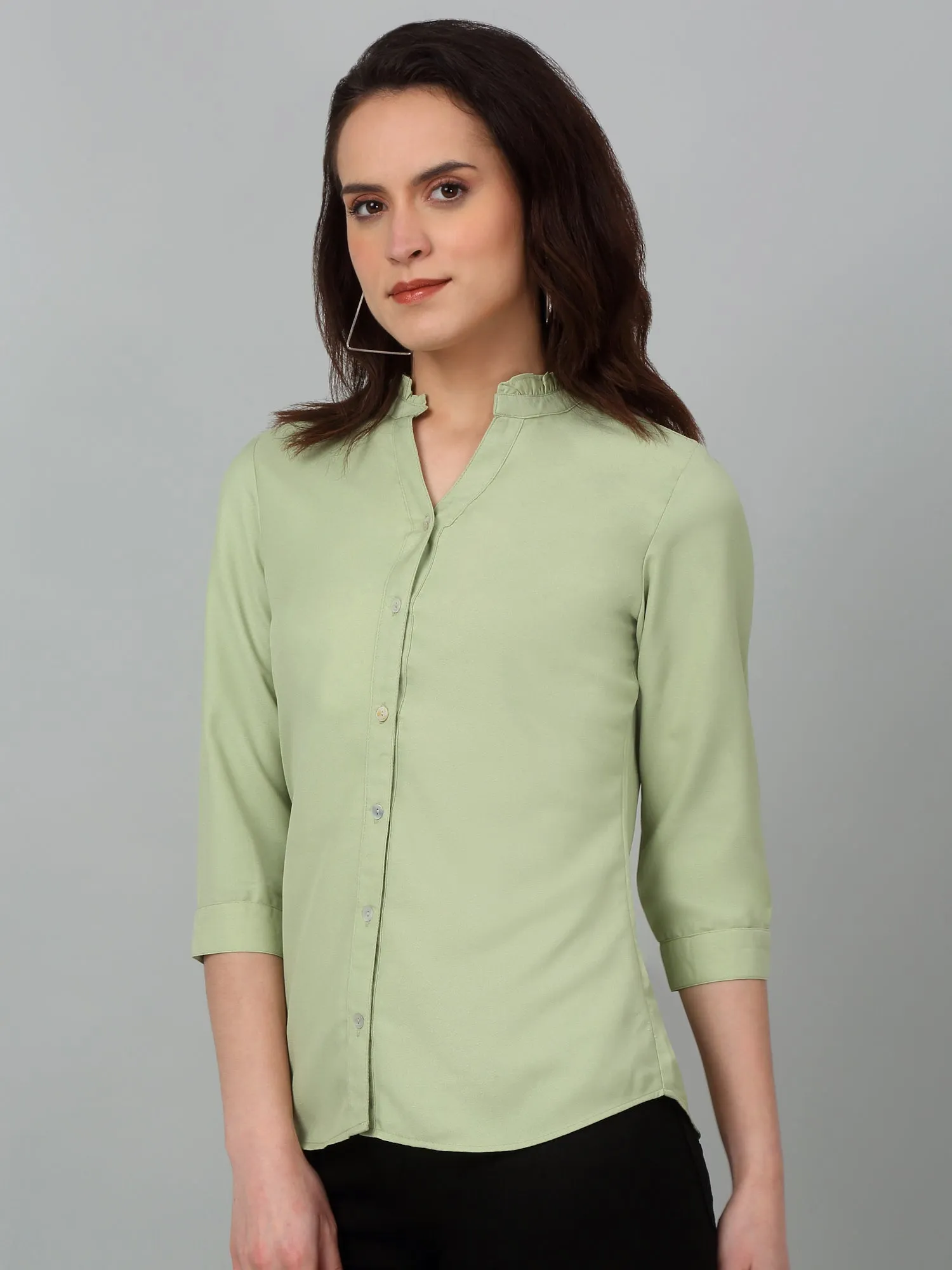 Women's Casual  Green Solid Mandarin Collar Top