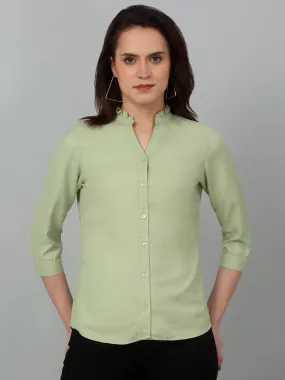 Women's Casual  Green Solid Mandarin Collar Top